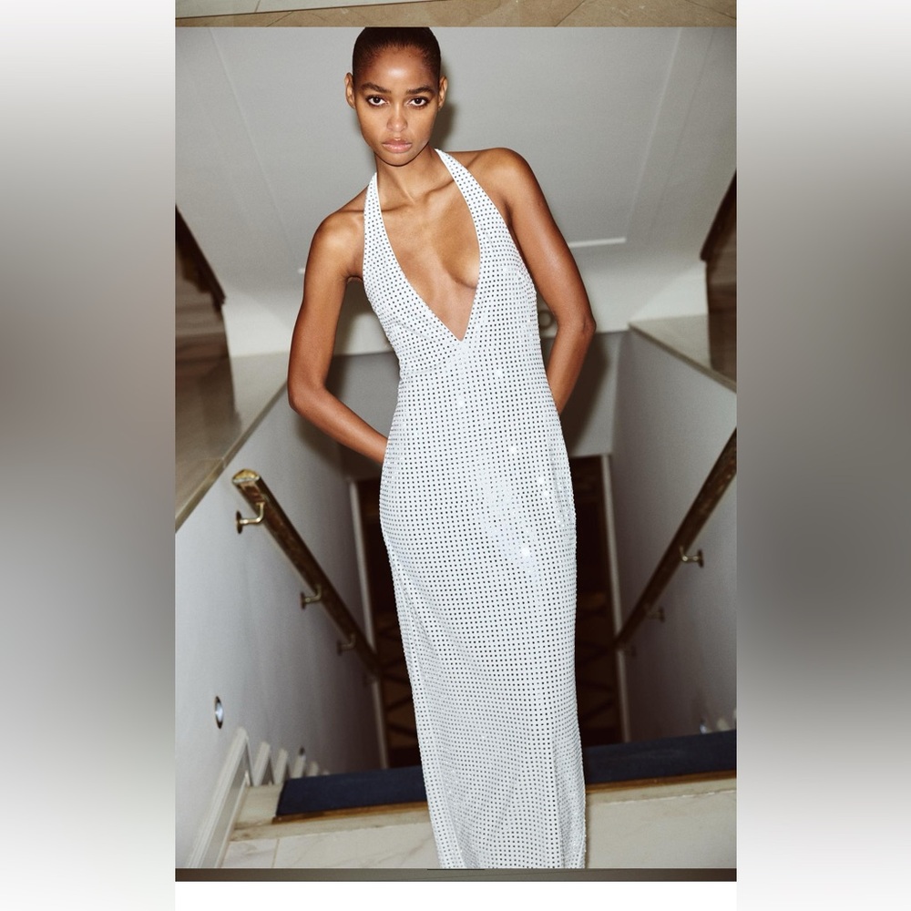 White mirrored deep-v midi dress worn once